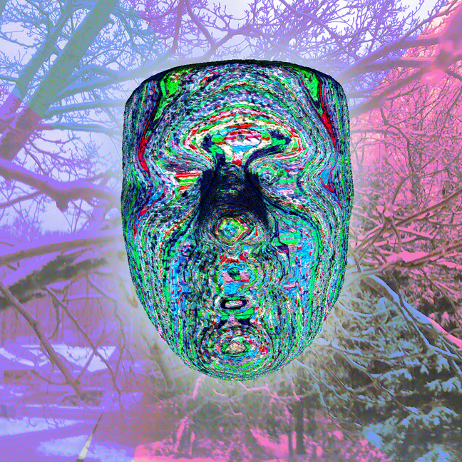a psychedelic image of a face with a tree in the background