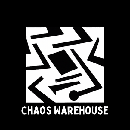 a black and white logo with the words chaos warehouse and a set of abstract dashes inside a geometric square shape